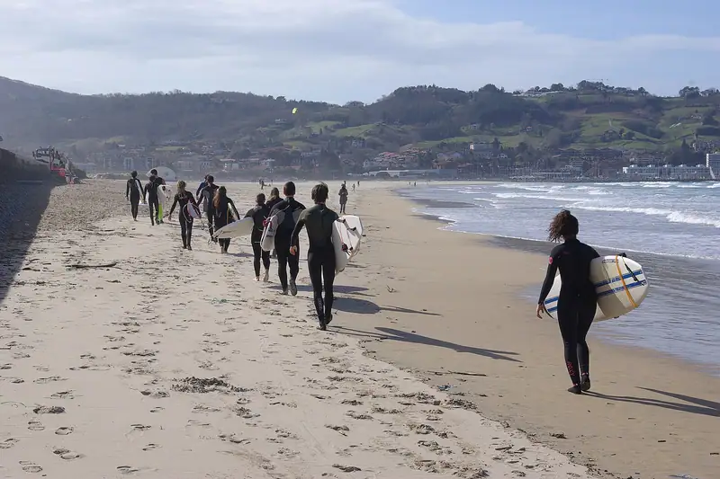 Surf school on the beach in March. Hendaye, Pyrénées-Atlantiques, France.