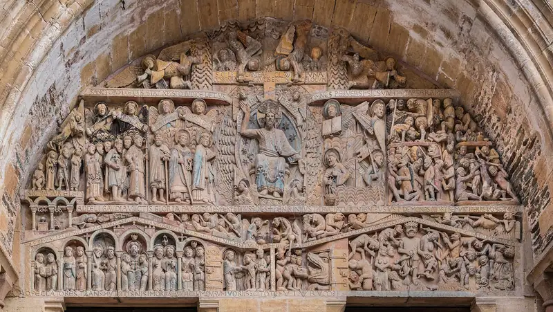 Tympanum of the Saint Faith abbey church in Conques, commune of Conques-en-Rouergue, Aveyron, France