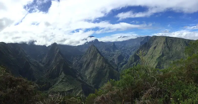 View of Cirque de Mafate on Reunion Island from the trail of Cap Noir and Roche Verre Bottle